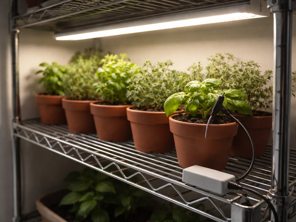 Full-spectrum LED grow light above potted herbs beside a soil moisture probe on a clean indoor shelf.