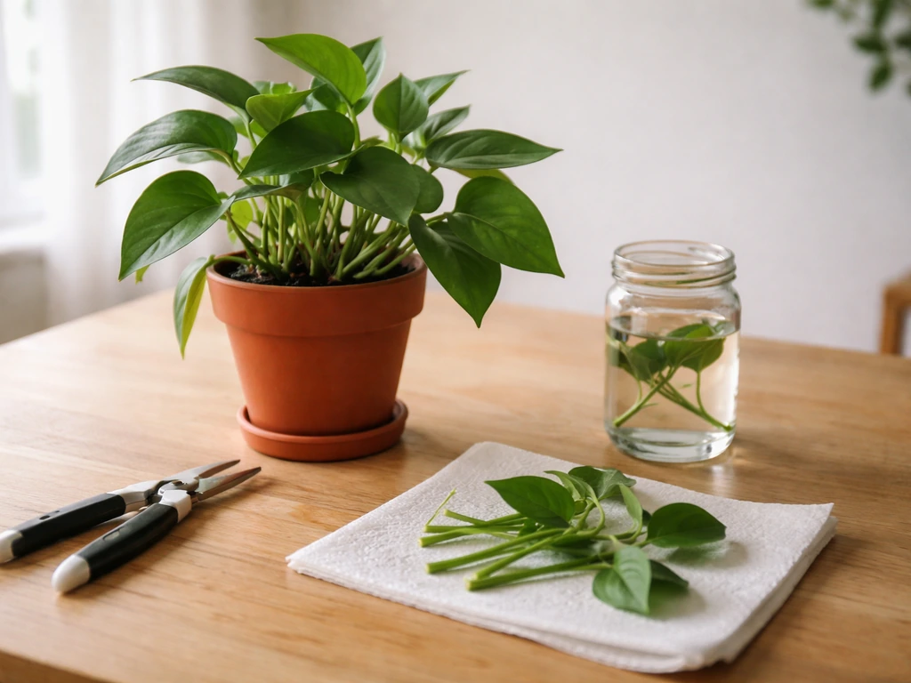 Healthy potted houseplant with a nearby cutting tool, set up for propagating more plants from one