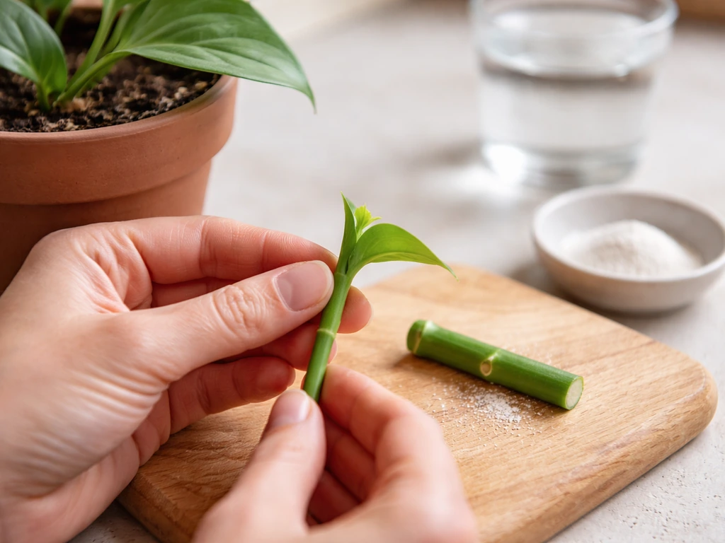 Hands taking a stem cutting from a plant, with a node and rooting hormone powder nearby in a simple setup