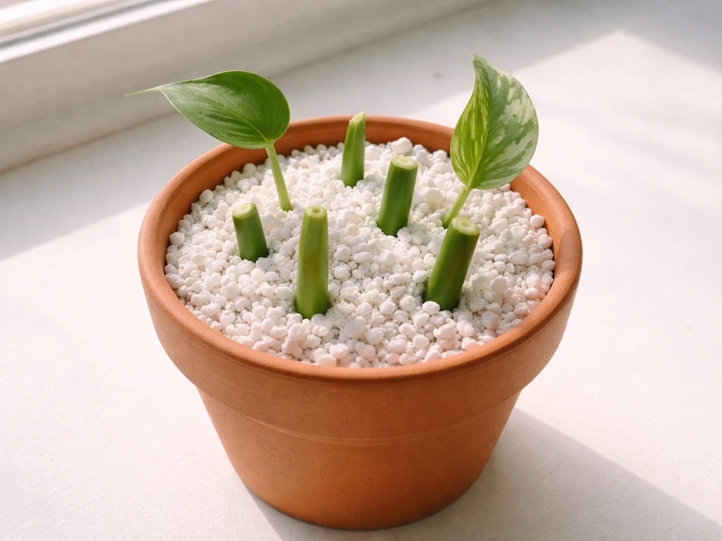 Small pot with airy perlite-focused propagation mix and leaf/plant cuttings inserted for rooting