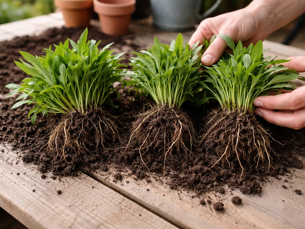 Hand separating a healthy clump plant into sections with visible roots over a potting bench