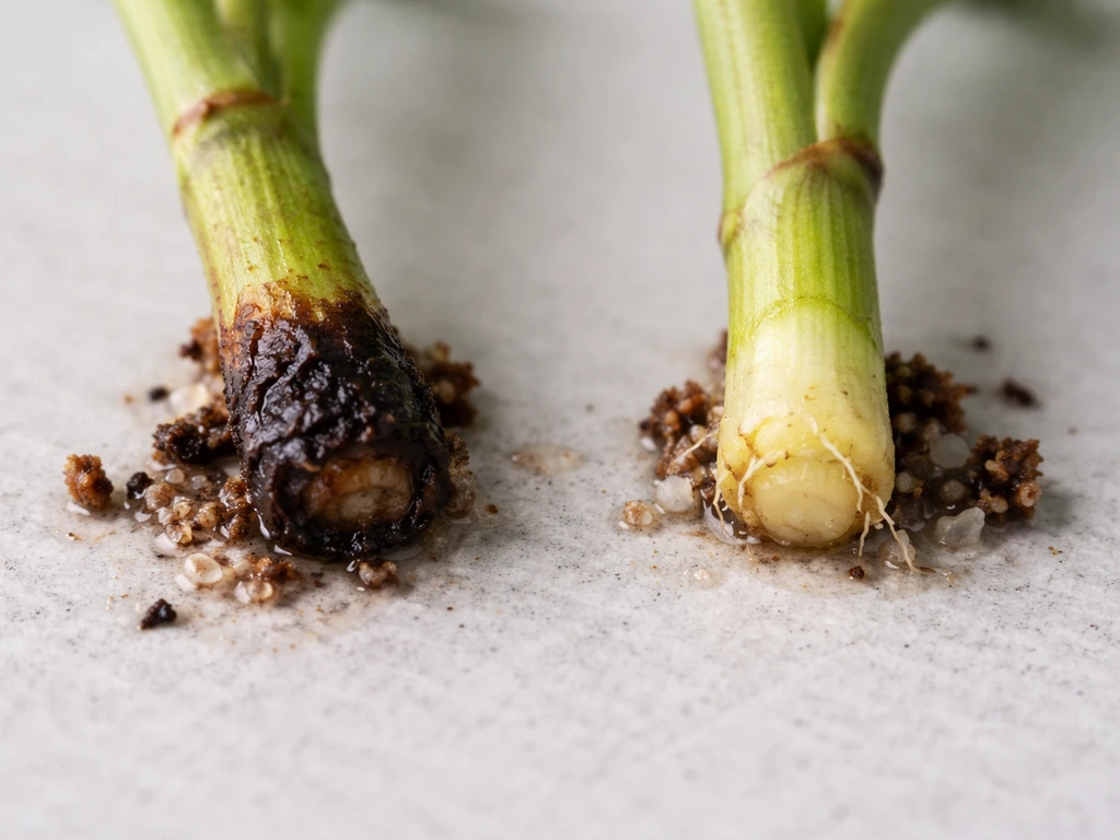 Two plant cuttings side-by-side: one healthy firm base and one black mushy rot base.