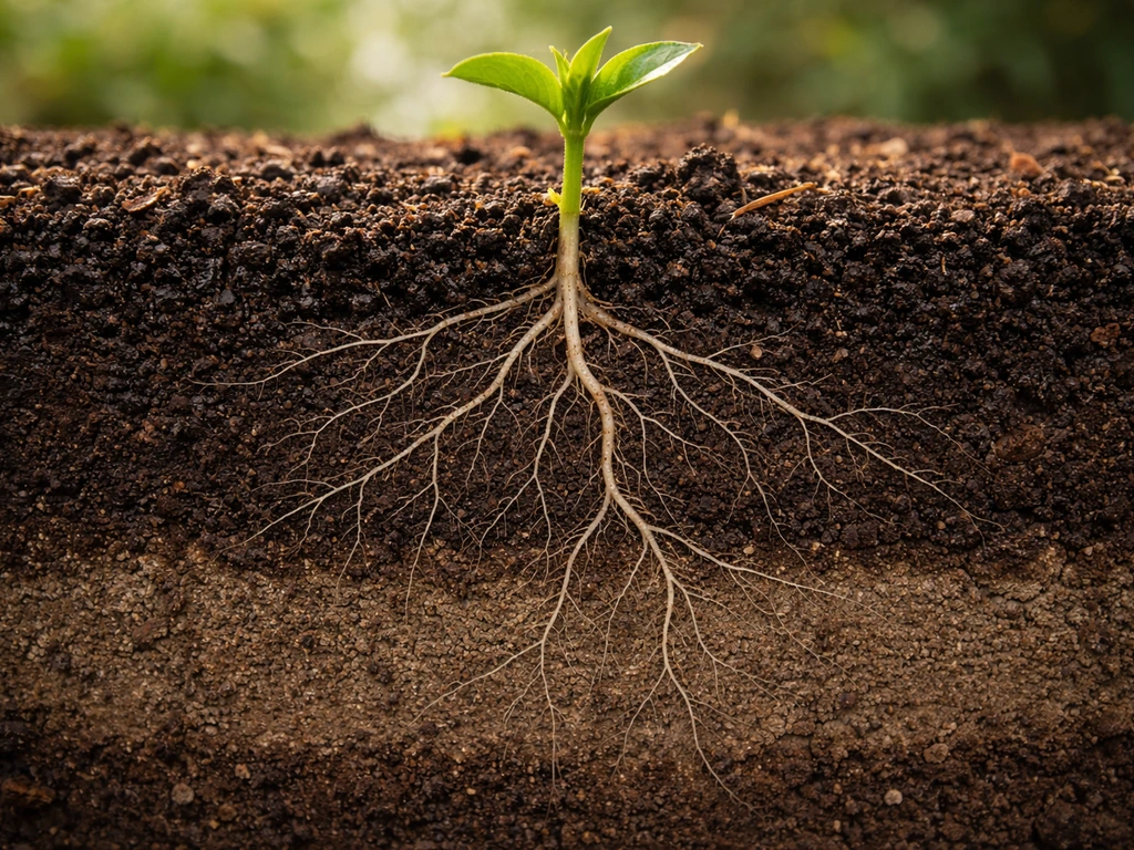 Cross-section of a healthy plant with roots in layered soil and shoots emerging aboveground.