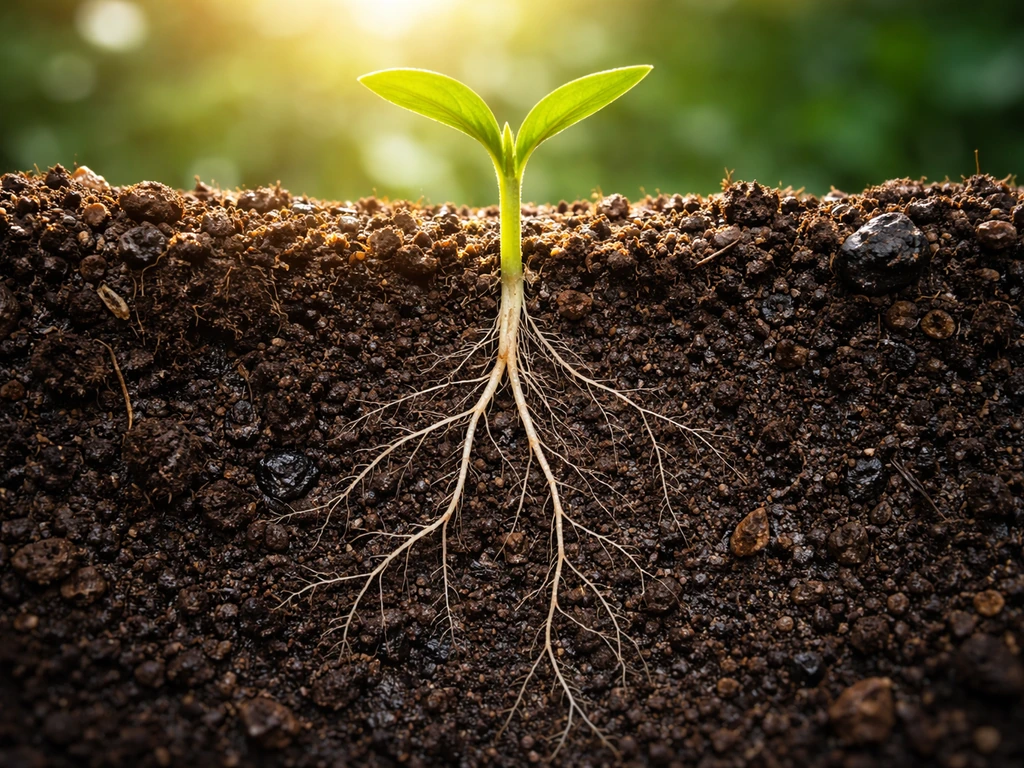 Close-up of a small plant with leaves above and roots anchored in textured soil in natural light.