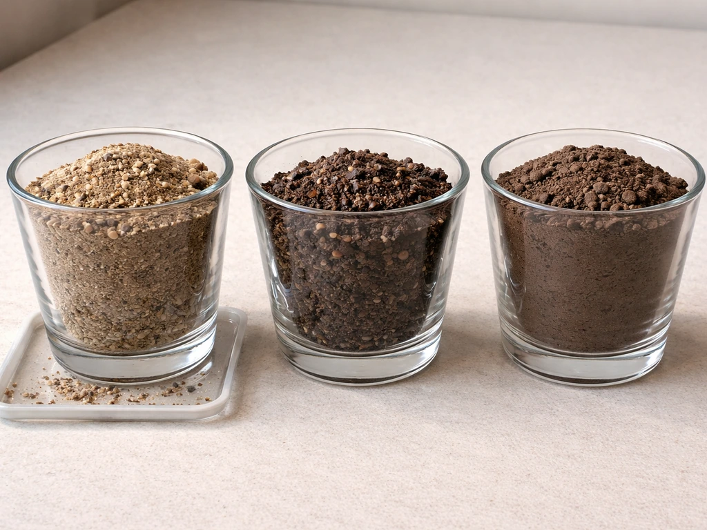 Three small soil samples showing sandy, loamy, and clay textures with a simple drainage contrast setup.