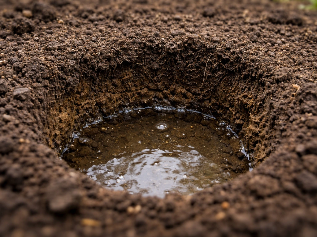 Garden bed test hole filled with water, soil aggregates showing drainage and air gaps.