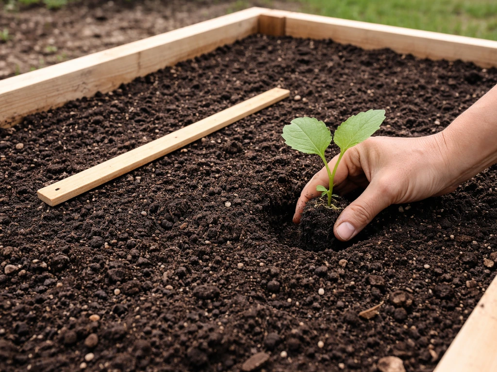 Raised garden bed with deep soil mix, a seedling being planted, and a plain spacer stick for spacing.