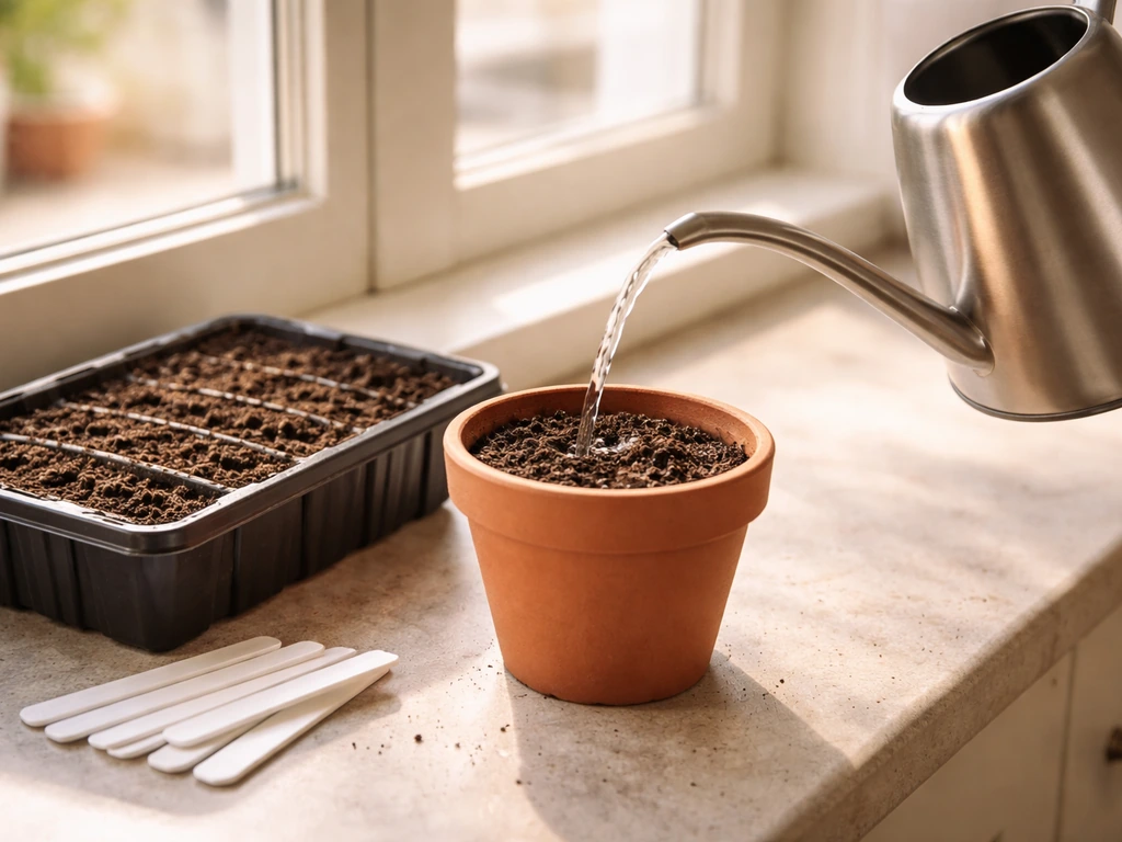 Bright windowsill setup with seed tray, small potting mix, watering can, and plant markers for a beginner planting guide