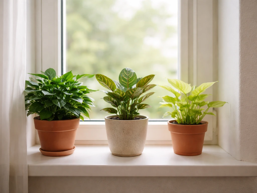 Three potted plants in a bright window, each with different leaf looks showing light-based placement