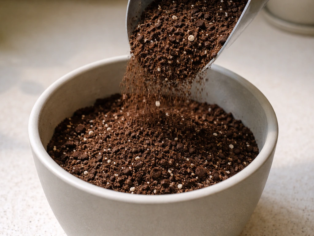 Potting mix texture being poured into a plant container, settling into a smooth, even surface.