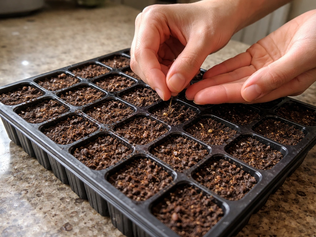 Anonymous hands sowing seeds into a small cell tray of moist seed-starting mix