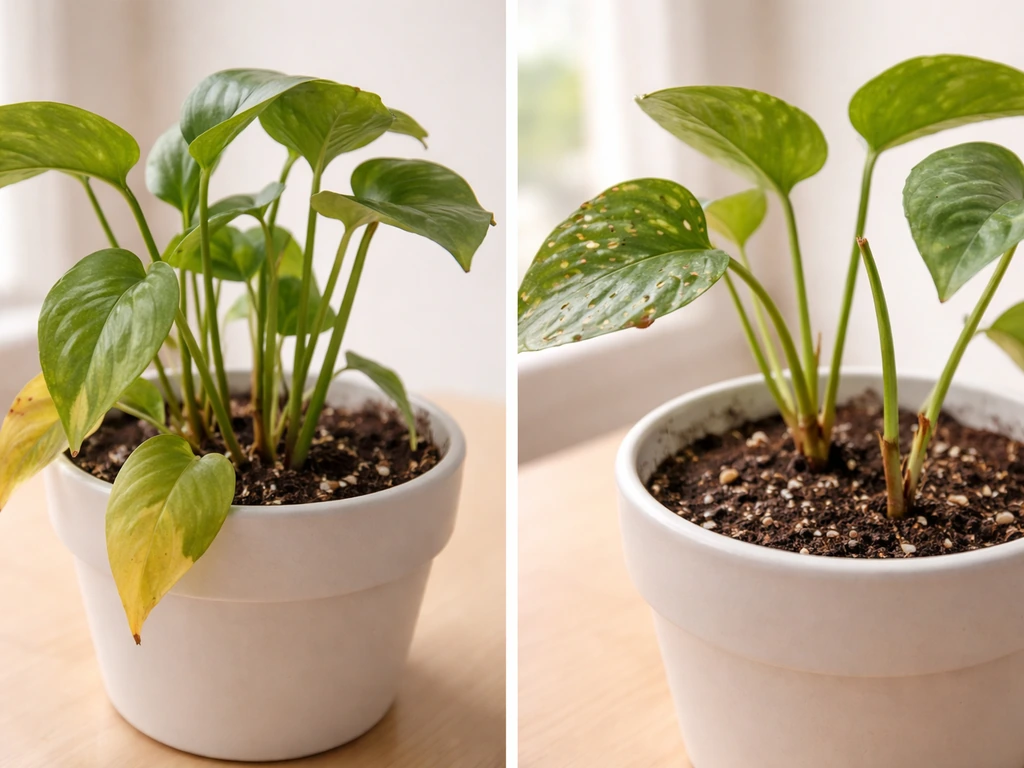 Two side-by-side frames of a potted plant: yellowing leaves in one, pest damage and wilting in the other.
