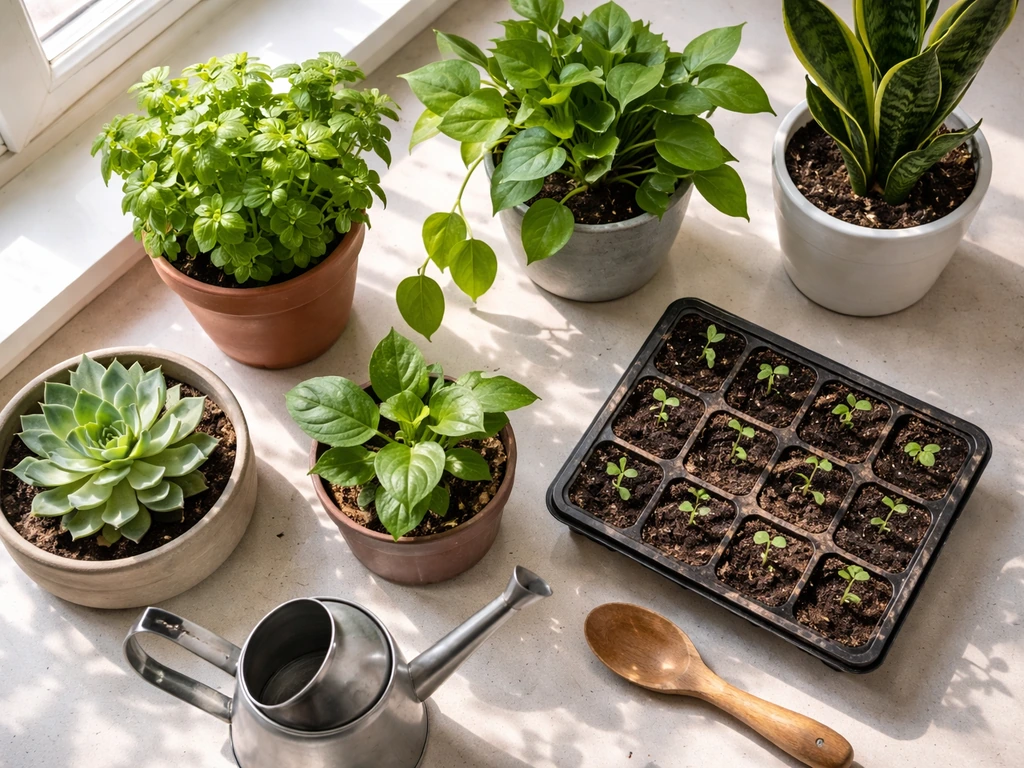 Top-down view of varied plant types—herbs, leafy greens, succulent, tropical plant, and seedlings—on a lighted table.