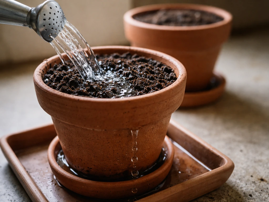 Watering a soil pot with a steady stream while excess drains from the bottom into a tray.