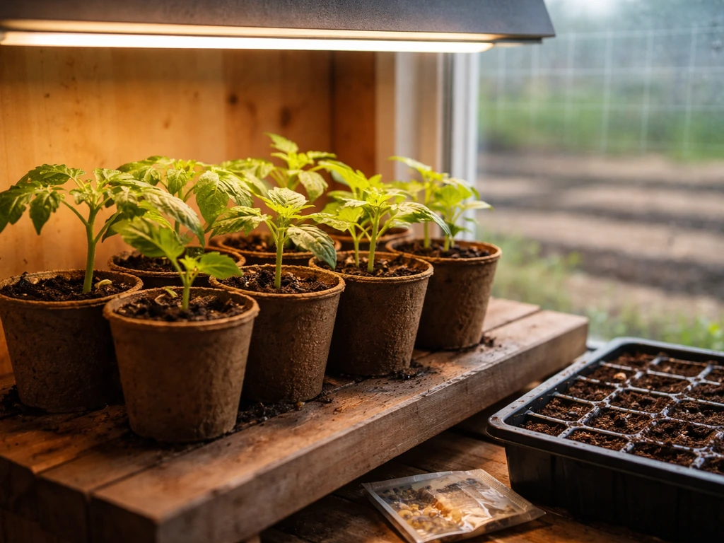 Indoor seedlings under a grow light, with an outdoor planting area and a blurred frost calendar background.
