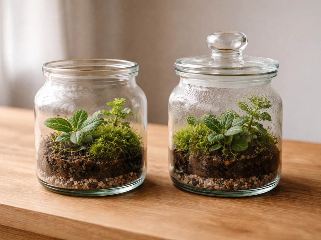 Open and closed terrarium jars side-by-side, closed lid fogged with condensation, open jar drier.