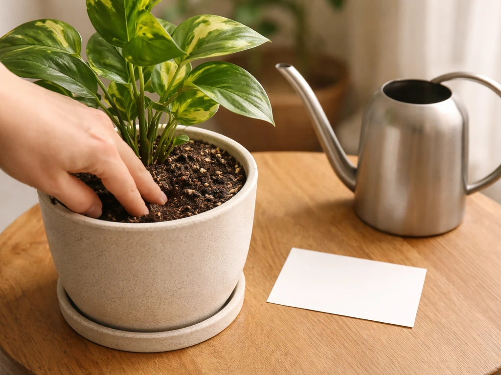 Hand checking soil moisture in a potted plant with watering can nearby and a simple routine card