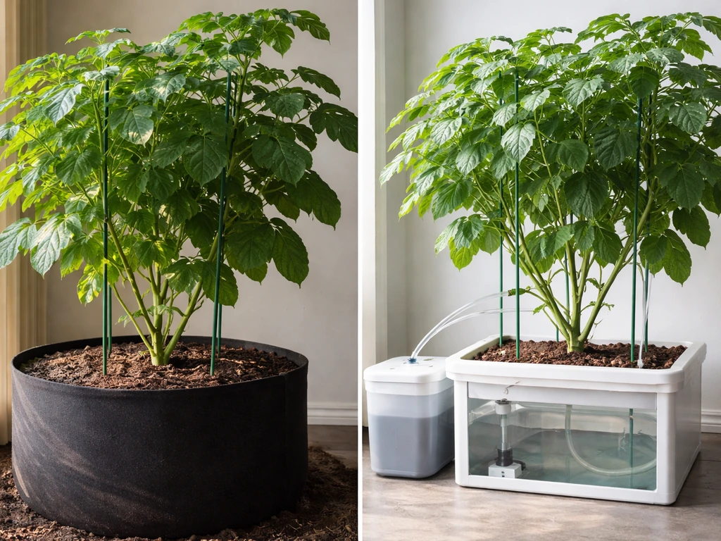 Split view: oversized thriving plant in soil beside a clean hydroponic system with vibrant growth.