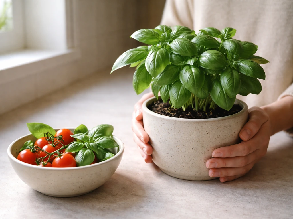 Hands weighing a potted plant with a small harvest bowl beside it, showing plant biomass meaning