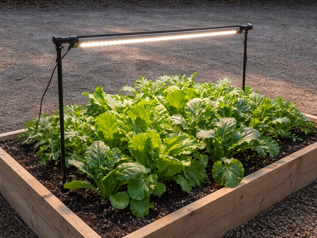 Outdoor leafy plants under a tilted LED grow light bar, showing placement toward the canopy.