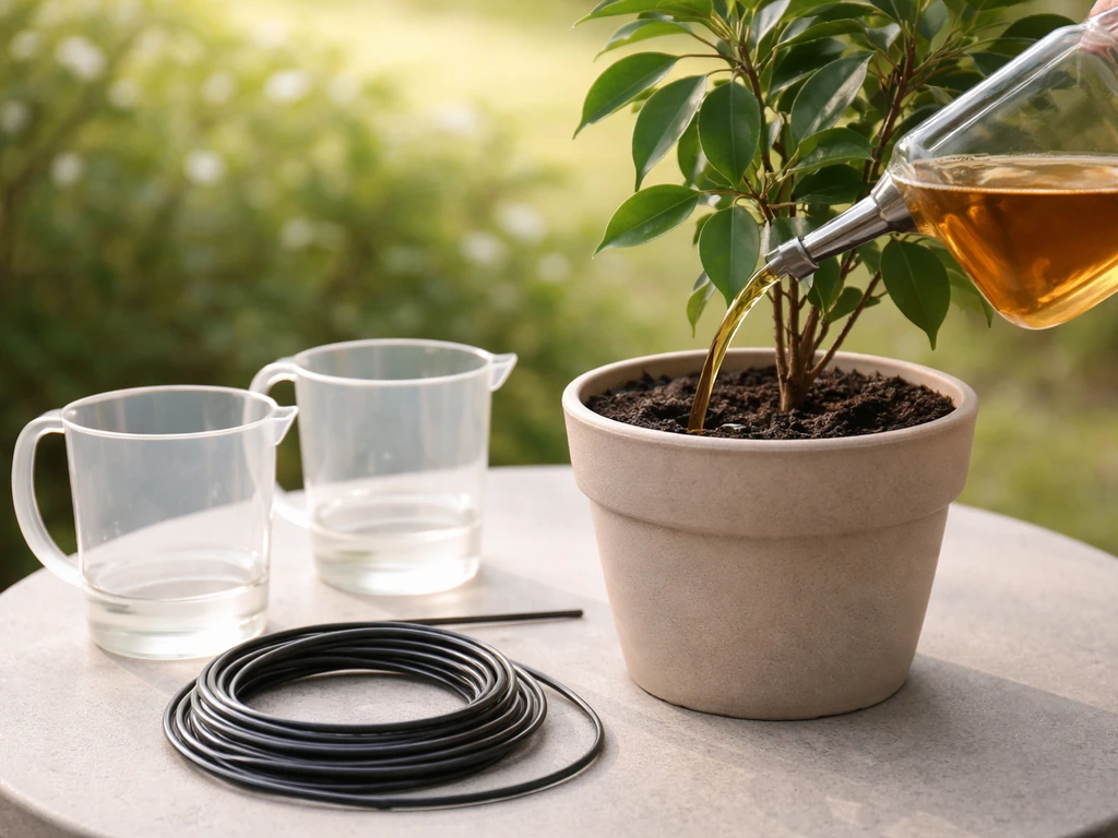 Potted plant being watered with nutrient solution beside clear measuring jugs and drip tubing on a sunny table.