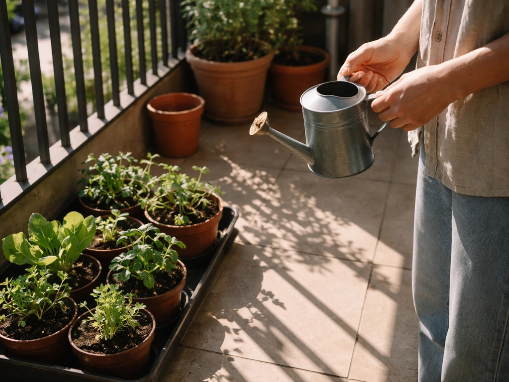 Person inspecting sunlight on a small balcony garden with seedlings and planters nearby