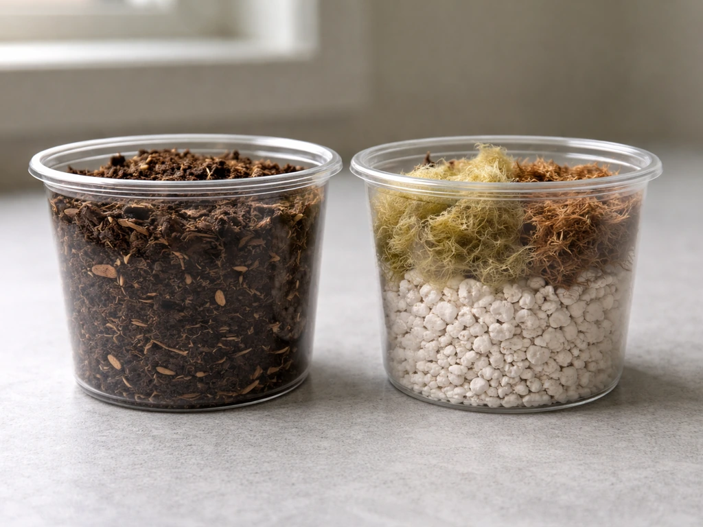 Close-up of potting mix in one container beside perlite/rockwool/coco coir media in another.