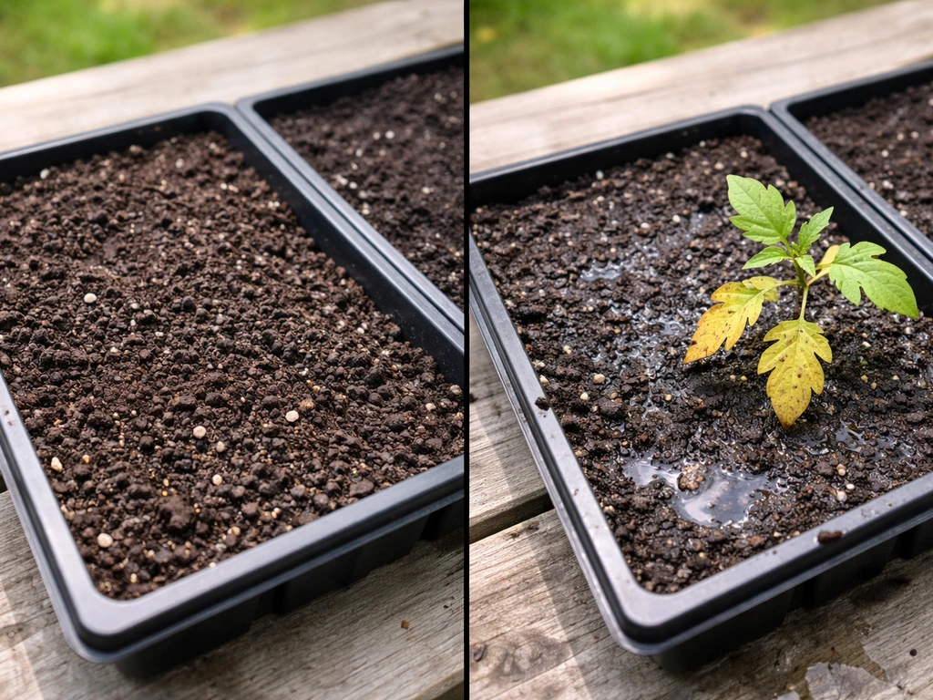 Minimal split view of dry soil vs overwatered soil with yellowing leaves on the wet side.