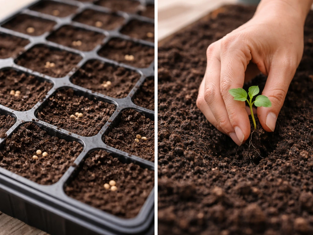 Side-by-side view of a seed tray with seeds at depth and a hand transplanting a seedling into soil.
