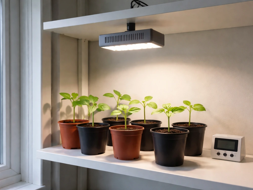 Indoor seedlings under a grow light, with a small timer on the shelf and healthy green leaves.
