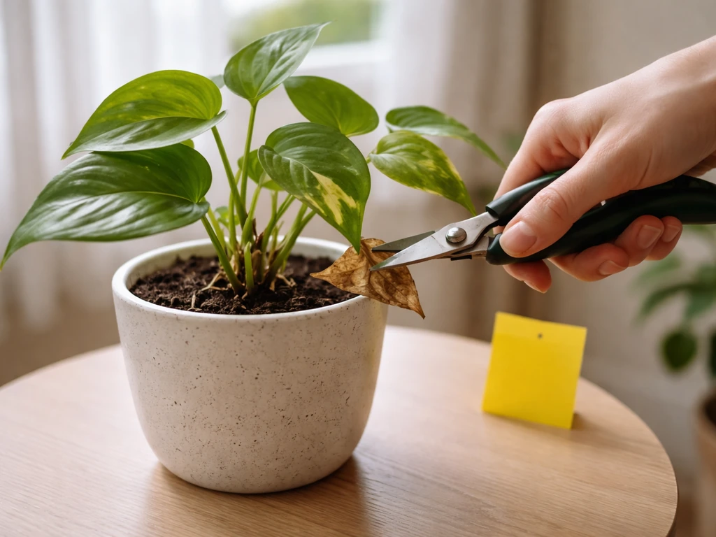 Pruning shears removing a damaged leaf on a potted plant, with a sticky pest trap nearby.