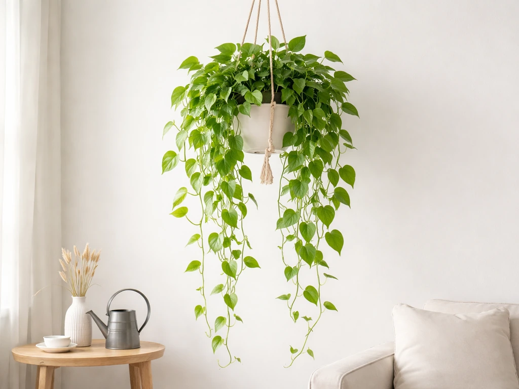 Lush hanging vines cascading from a ceiling macramé holder in a bright living room.
