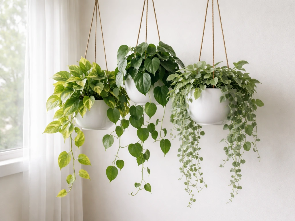 Assorted beginner-friendly hanging plants in separate planters by a bright window