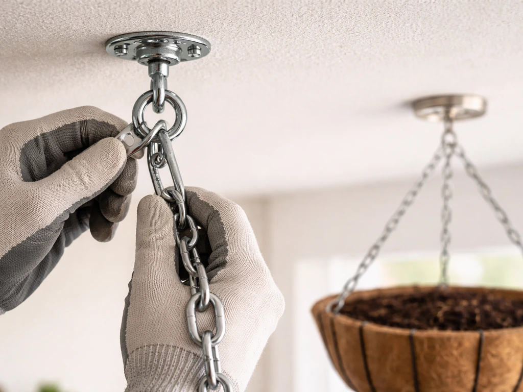 Person’s hands install a ceiling hook and chain while a heavy empty hanging basket waits for scale