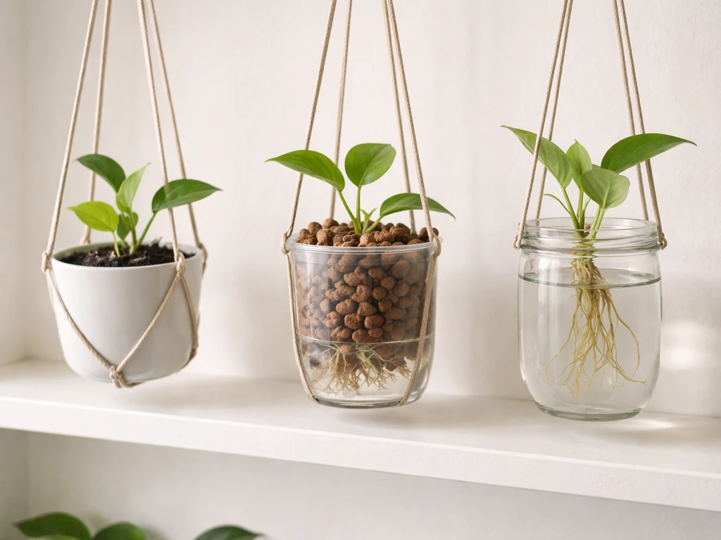 Three hanging plant media setups side-by-side: soil pot, clay-pebble semi-hydro, and roots in clear water.