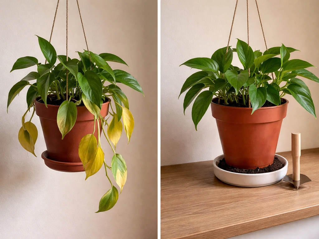 Drooping yellow hanging plant next to aftercare setup showing checked soil moisture and proper draining.