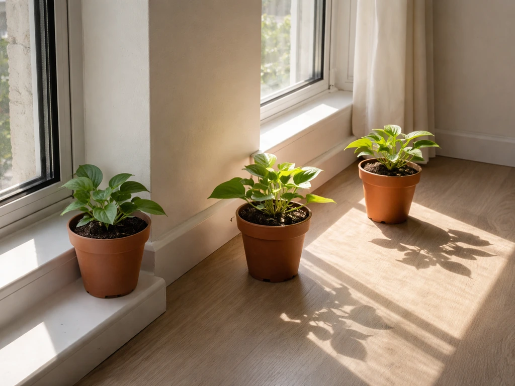 Three small potted plants placed near different window spots to compare sunlight and shadows.