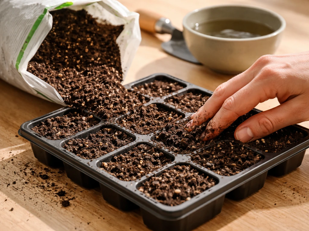 Open bag of potting mix pouring into a small tray while damp soil is gently mixed.