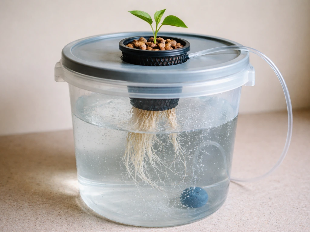 Close view of a simple hydroponics bucket with bubbling air stone and roots hanging in nutrient solution.