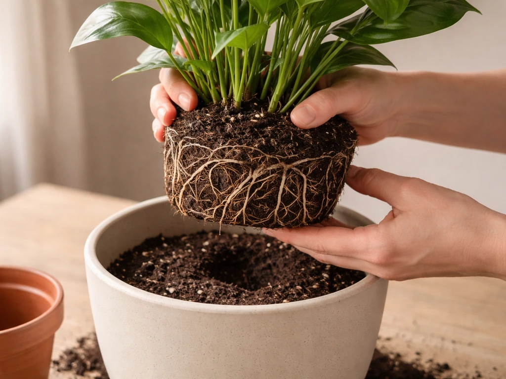 Hands carefully lifting a houseplant root ball and placing it into a new pot with fresh potting mix.