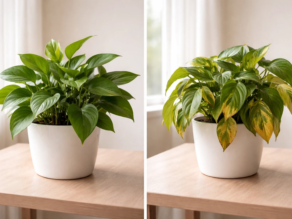Side-by-side healthy and struggling houseplants showing firm new growth vs drooping, wrinkled, discolored leaves.