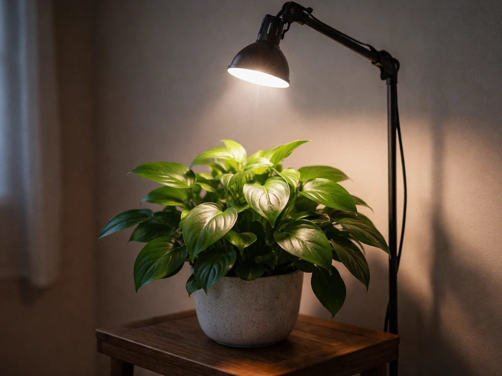 Grow light shining on a leafy houseplant in a dim room, aimed downward over the canopy.