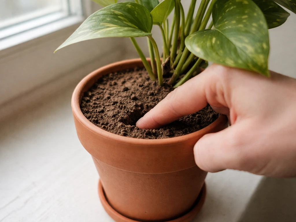 Hand inserts a finger 1 inch into dry houseplant soil to check moisture before watering.