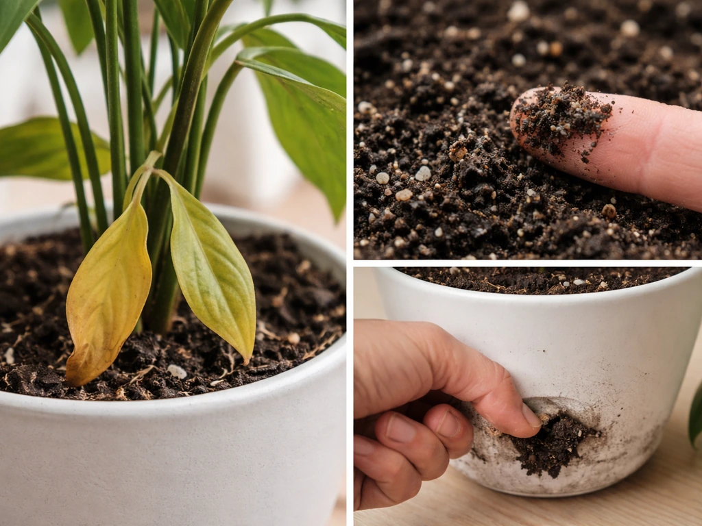 Closeups of yellowing plant leaves with a small inset showing damp soil and hand checking drainage.
