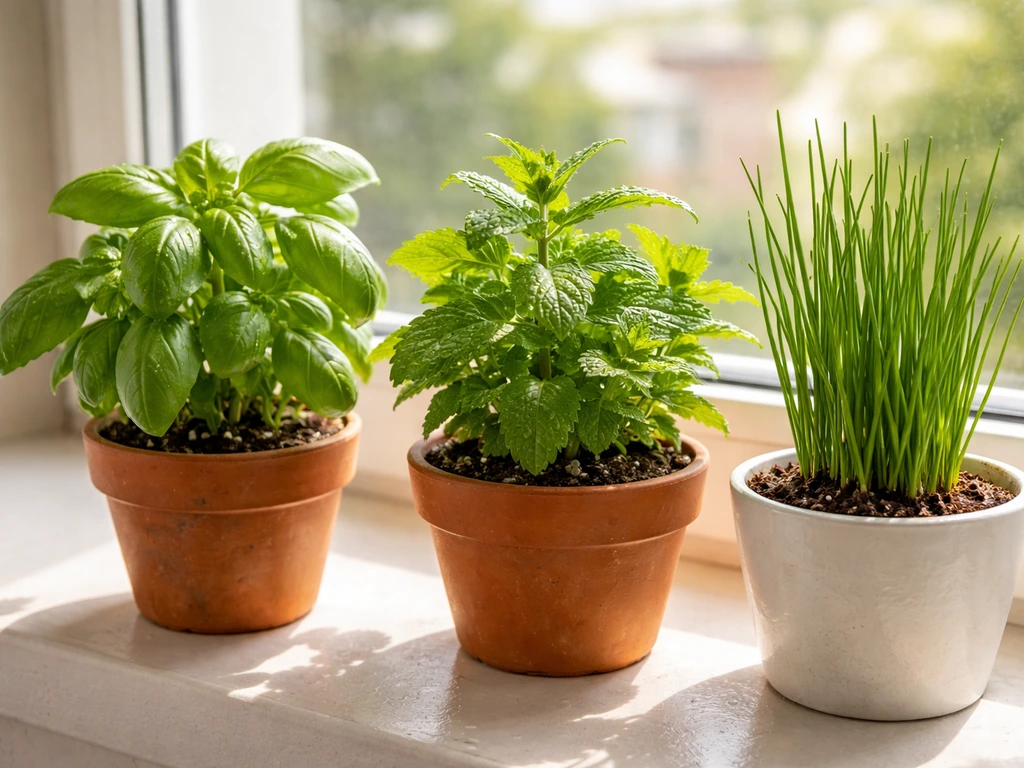 Bright windowsill with small pots of fresh basil, mint, and chives in soft morning sunlight