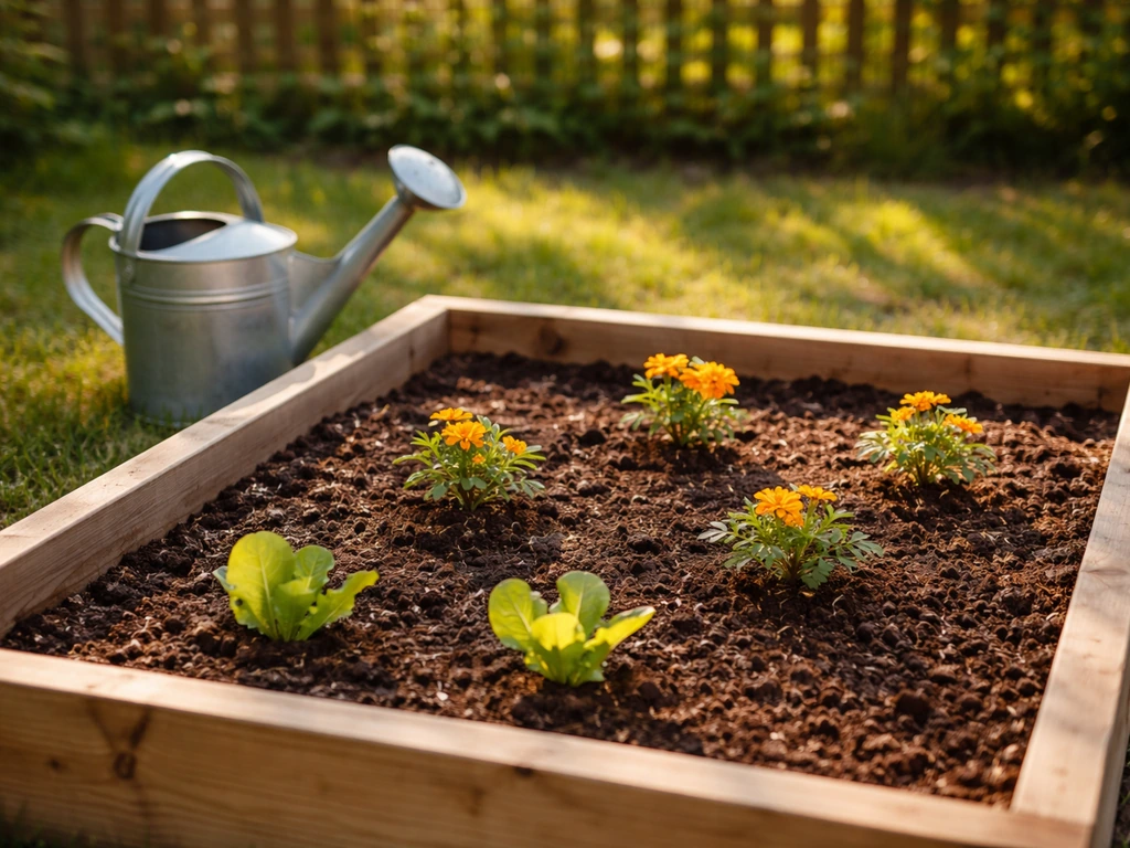 Marigold and lettuce seedlings in a raised outdoor planter with a watering can in sunny light.