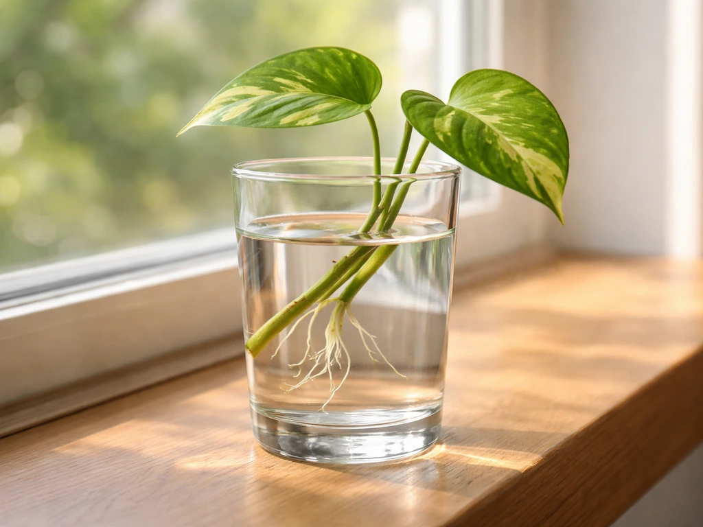 Pothos cutting in a clear glass of water on a sunny windowsill with roots forming