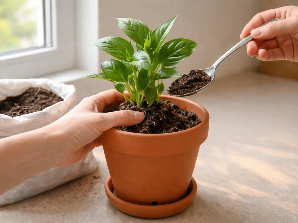 Person planting a small potted plant using fresh potting mix and a pot with drainage hole