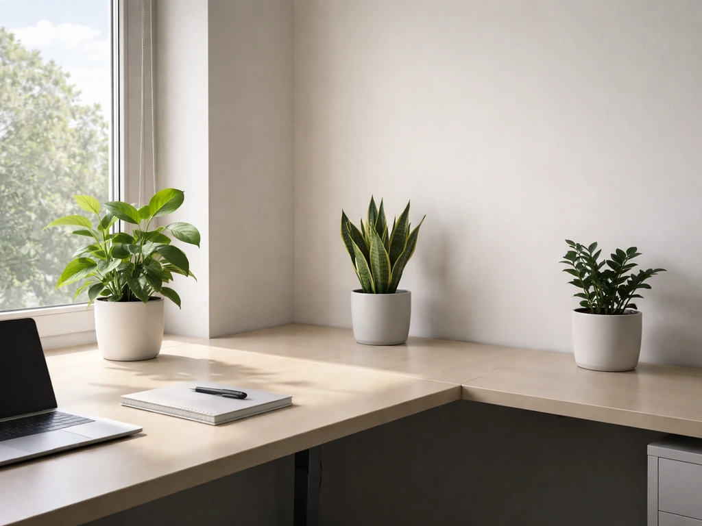 Office desk near a window with three potted plants in bright and lower-light corners