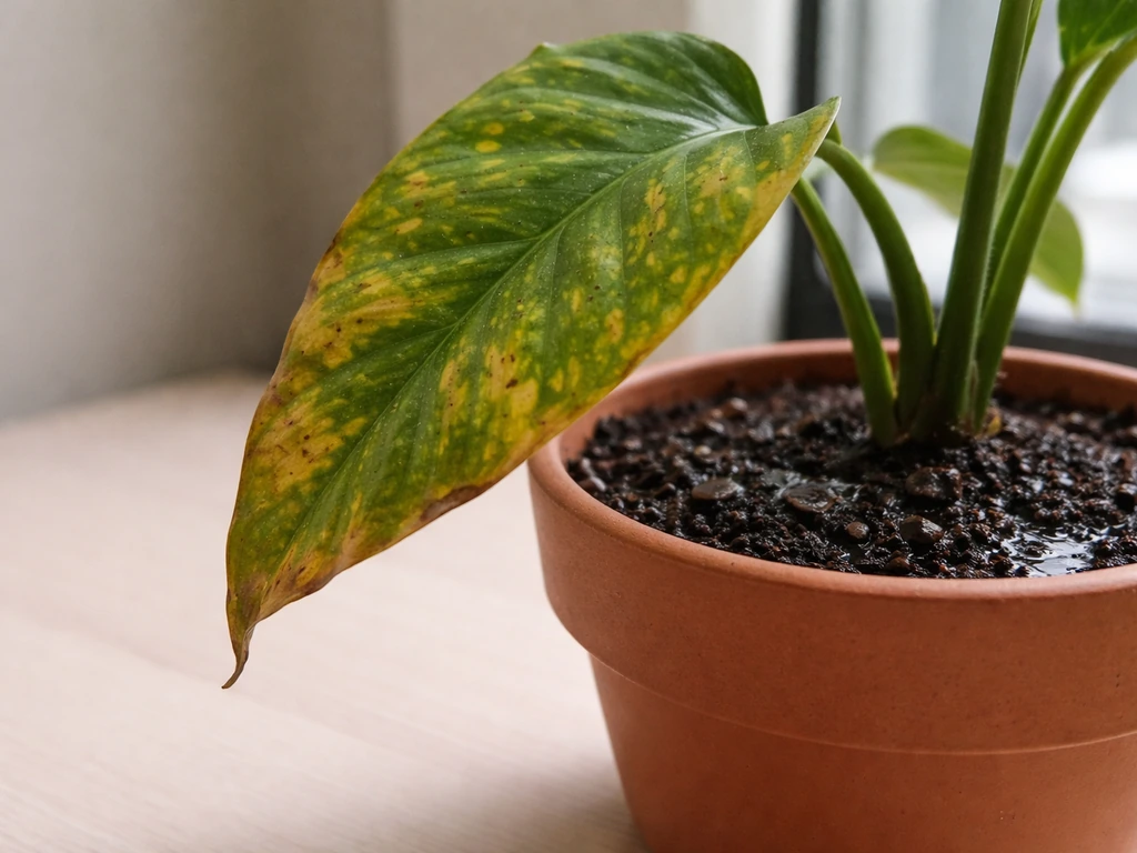 Close-up of an office plant leaf with yellowing spots and damp soil at the base suggesting overwatering.
